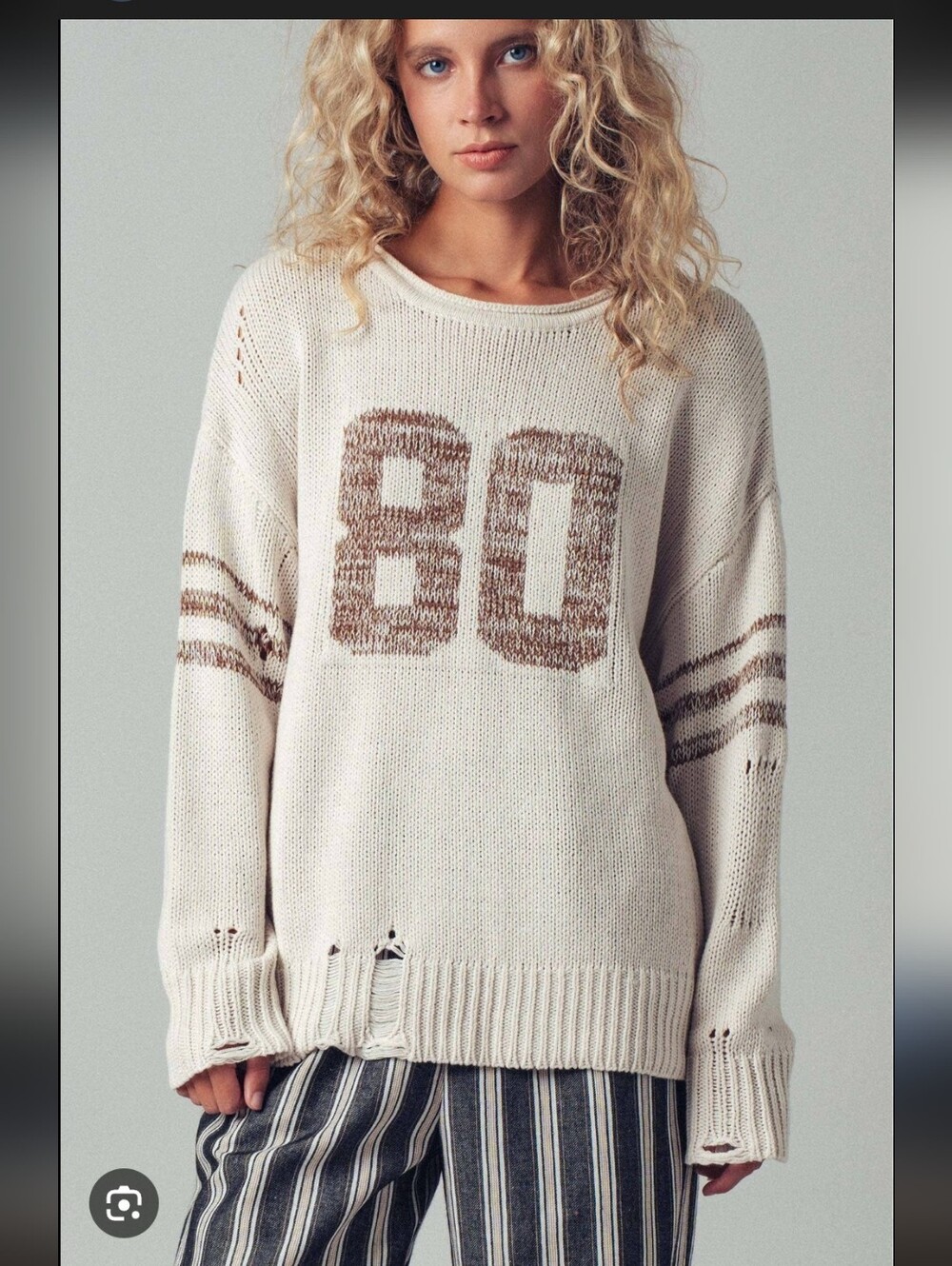 J.O.A. Cream Knit Crewneck Sweater with Brown '80' Graphic_M